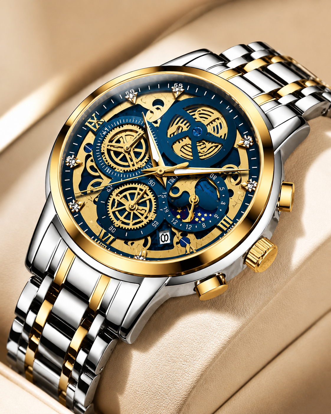 OLEVS Luxury Blue & Gold Skeleton Watch