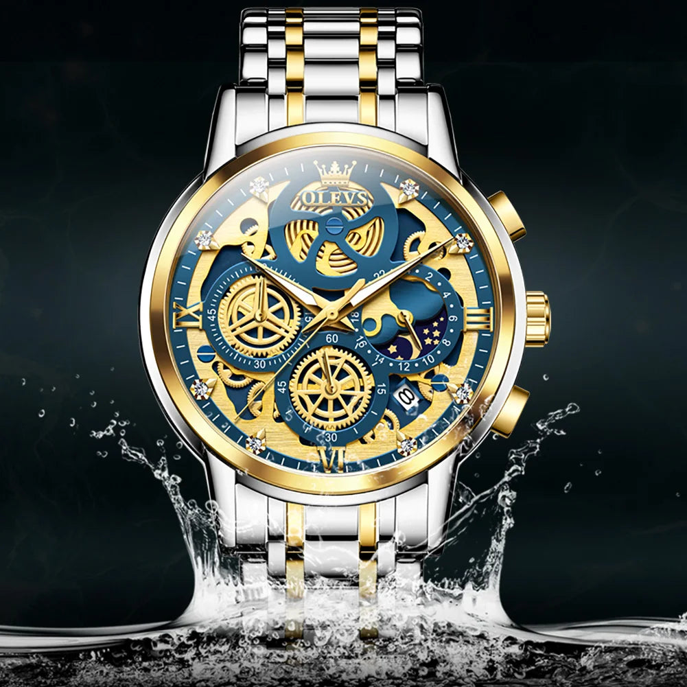 OLEVS Luxury Blue & Gold Skeleton Watch