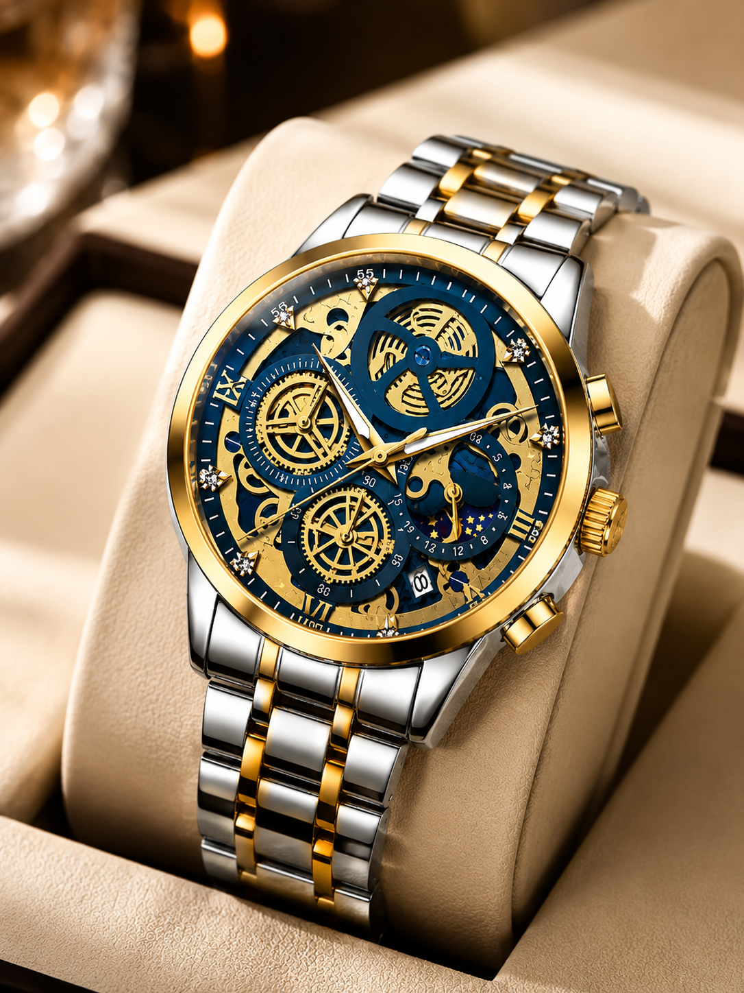 OLEVS Luxury Blue & Gold Skeleton Watch
