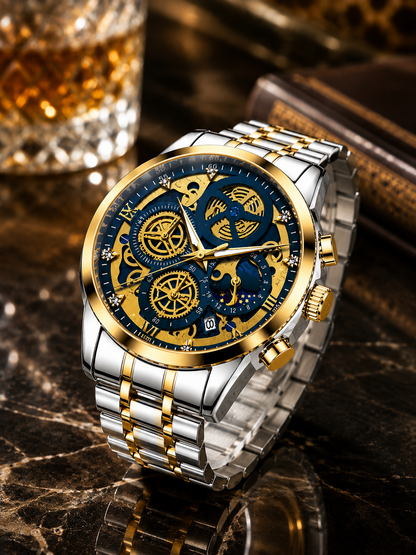 OLEVS Luxury Blue & Gold Skeleton Watch